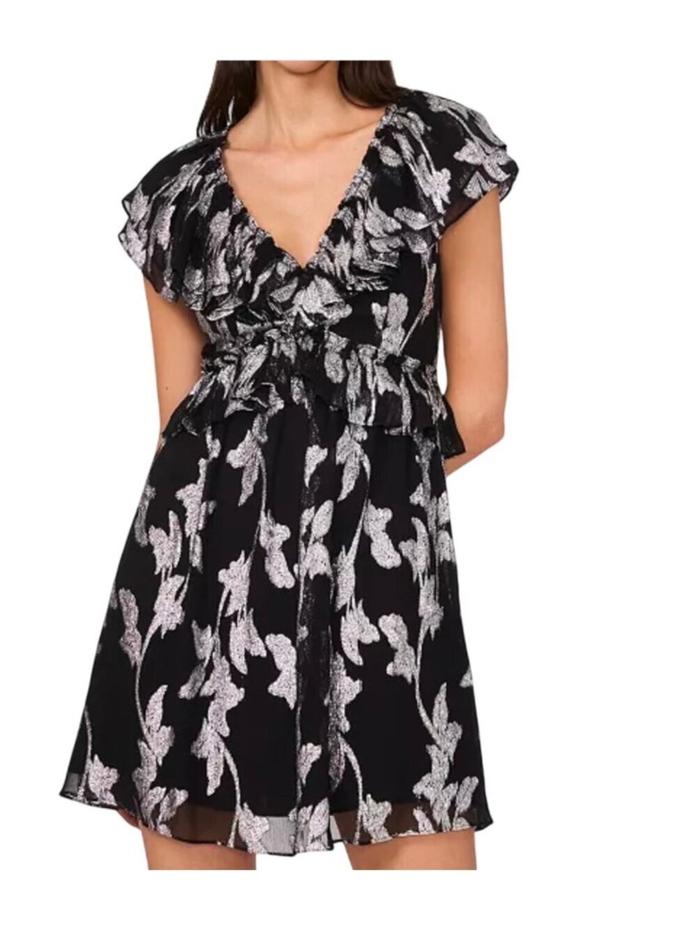 Parker Cara Metallic-Print Ruffled Mini Dress~Size 8~Black Silver NWT L16 25